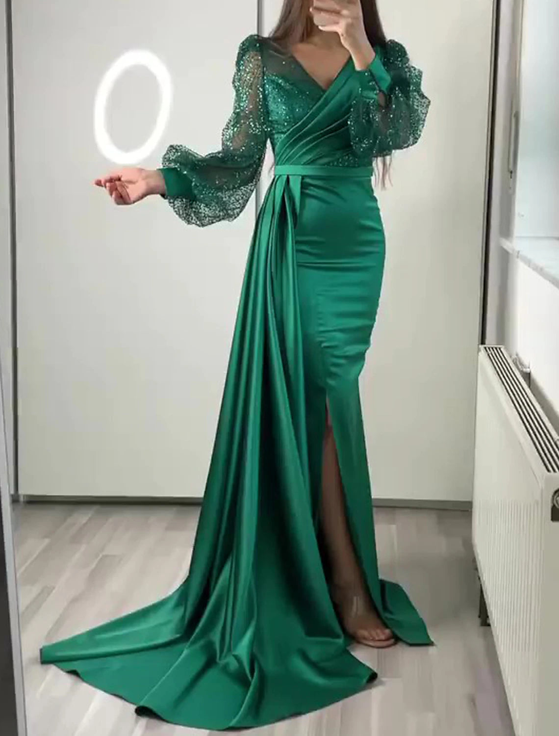 Wholesale Mermaid / Trumpet Evening Gown Vintage Dress Formal Black Tie Floor Length Long Sleeve V Neck Charmeuse with Buttons Pearls